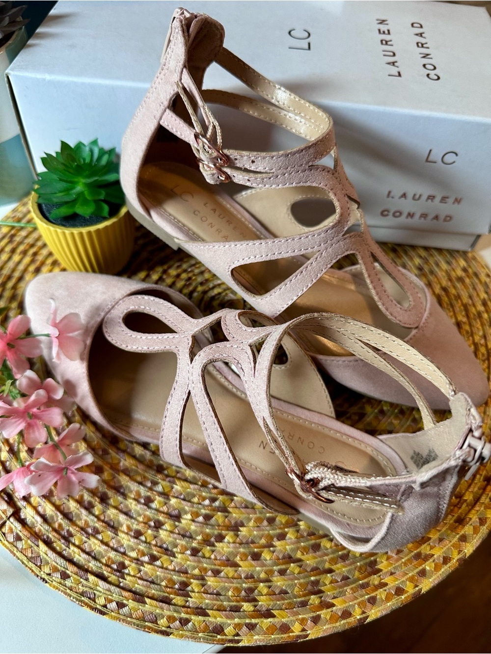 LC Lauren Conrad Blush Pink Suede Strappy Flats